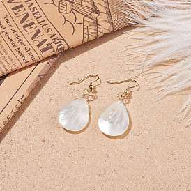 Natural Shell Teardrop Dangle Earrings, Brass Wire Wrap Jewelry for Women