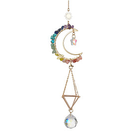 Wire Wrapped Gemstone Chip & Brass Moon Pendant Decoration, Brass Pouch and Glass Round Charm, for Home Decoration