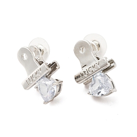Clear Cubic Zirconia Heart Clasp Stud Earring with 925 Sterling Silver Pins, Brass Jewelry for Women
