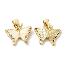 Rack Plating Brass Micro Pave Clear Cubic Zirconia Pendants, with Resin Imitation Opal, Cadmium Free & Lead Free, Long-Lasting Plated, Butterfly Charms