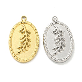 304 Stainless Steel Pendants, Oval with Leaf Charms