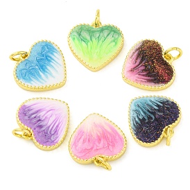 Brass Enamel Pendants, with Glitter and Jump Ring, Long-Lasting Plated, Real 18K Gold Plated, Heart Charm