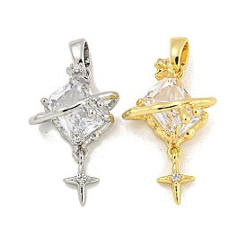 Brass Micro Pave Clear Cubic Zirconia Pendants, Rectangle with Star Charms