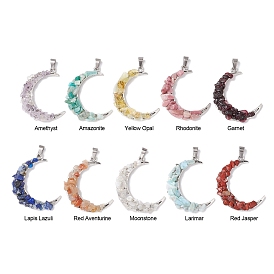 10Pcs 10 Styles Natural Mixed Gemstone Chip Pendants, Moon Alloy Charms, Platinum