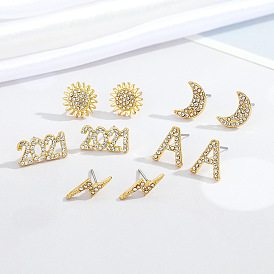 Chic Gold-Tone Brick Stud Earrings with Unique Numbers and Letters Design for Fashionable Statement Look