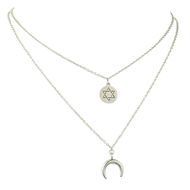 Brass Double Layer Necklaces, Cable Chains, with Moon & Star of David 304 Stainless Steel Pendants