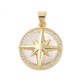 Brass Micro Pave Clear Cubic Zirconia Pendant, with Shell, Flat Round with Star
