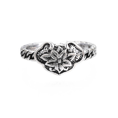 Heart with Flower Alloy Open Cuff Ring for Women, Cadmium Free & Lead Free