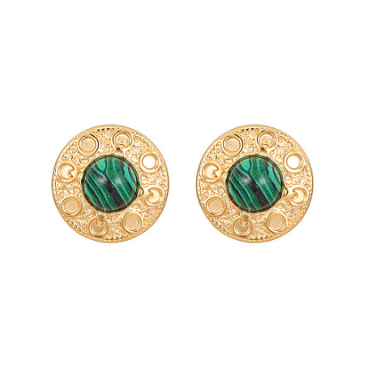 Synthetic Mixed Gemstone Flat Round Stud Earrings, Golden 304 Stainless Steel Earrings