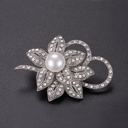SHEGRACE Gorgeous Alloy Electroplating Safety Brooch, Micro Pave Czech Diamond Cherry Blossom with Shell Pearl, 57x39mm