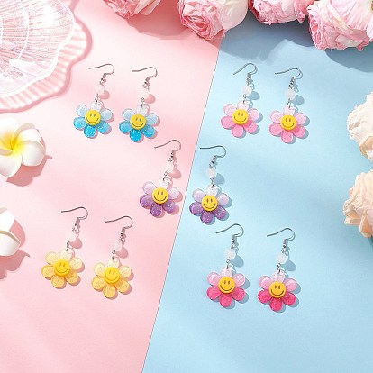 Серьги-подвески из прозрачного акрила градиентного цвета, с 304 нержавеющей стали серьги крючки, цветок с улыбающимся лицом, платина