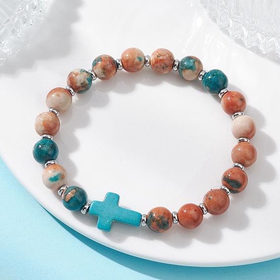 Браслеты из окрашенных и термически обработанных синтетических бусин из окаменелого камня и окрашенной бирюзы, эластичные, для женщин и мужчин., круглый и крест