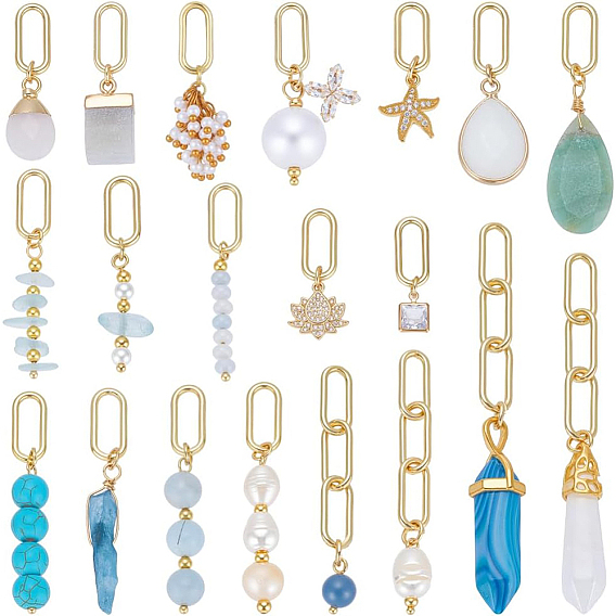 Acrylic & Natural Gemstone & Pearl Pendant Decorations, with Brass Findings, Mixed Shapes, Golden