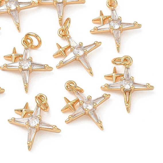 SHEGRACE Brass Pave Clear Cubic Zirconia Pendants, Star Charms, with Jump Ring, Cadmium Free & Lead Free & Nickel Free