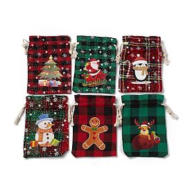 Christmas Theme Rectangle Jute Bags with Jute Cord, Tartan Drawstring Pouches, for Gift Wrapping
