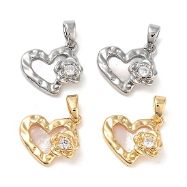 Brass Micro Pave Clear Cubic Zirconia Charms, with Shell, Heart with Flower