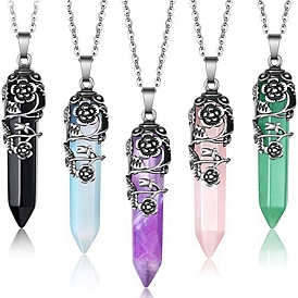 Natural & Synthetic Mixed Stone Pendant Necklaces, Bullet with Rose Flower