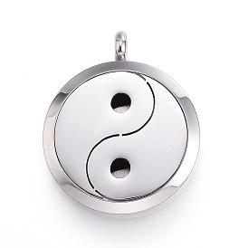 304 inoxydable pendentifs médaillon diffuseur en acier, Avec parfum et fermoirs magnétiques, plat rond avec yin et yang
