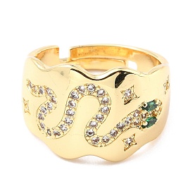 Adjustable Brass Micro Pave Cubic Zirconia Finger Rings, Wide Band Rings, Long-Lasting Plated, Snake