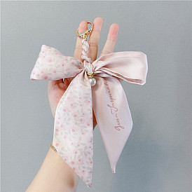 Fashionable Quality Ice Silk Scarf with Woven Bowknot Keychain, Personalized Floral Pattern Sexy Women's Bag Pendant Chain