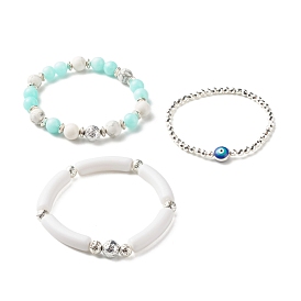 Natural Malaysia Jade(Dyed) & Howlite & Lava Rock & Synthetic Hematite Beads Energy Power Stretch Bracelets Set for Girl Women, Evil Eye Alloy Enamel Bracelets, Tube & Round Beads Bracelets