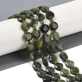 Natural Chinese Southern Jade Beads Strands, Faceted Pentagonal Cut, Flat Round, with Seed Beads