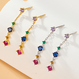 925 Sterling Silver Stud Earrings, Colorful Cubic Zirconia Diamond Drop Earrings, with S925 Stamp