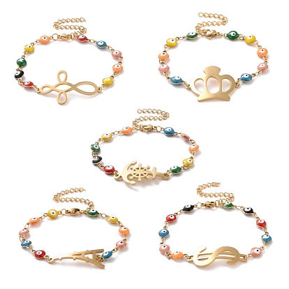 Vacuum Plating 304 Stainless Steel Link Bracelet with Colorful Enamel Evil Eye Chains for Women, Mixed Shape