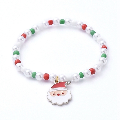 Christmas Theme Stretch Charm Bracelets, with Glass Seed Beads, Acrylic Imitation Pearl Beads and Alloy Enamel Pendants, Mixed Shape
