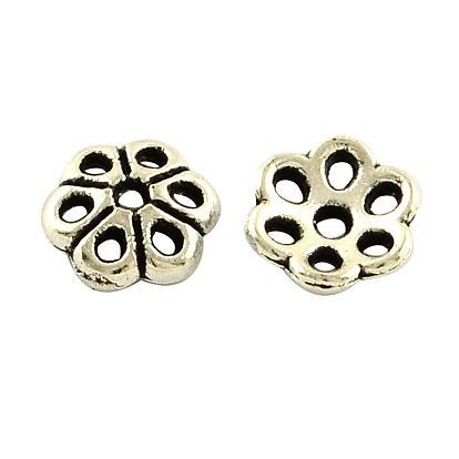 Tibetan Style Alloy Bead Caps, Cadmium Free & Lead Free, 6-Petal, 6x2mm, Hole: 1mm