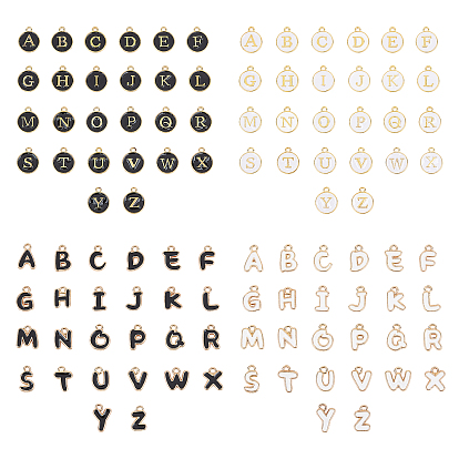 Vergoldete Legierungs-Emaille-Anhänger, emaillierte Pailletten, flach rund mit Alphabet, Buchstabe a ~ z