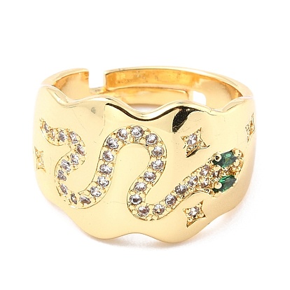 Adjustable Brass Micro Pave Cubic Zirconia Finger Rings, Wide Band Rings, Long-Lasting Plated, Snake