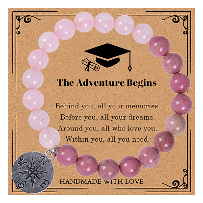 Natural Pink Crystal Agate Beaded Compass Bracelet with Graduation Card Gift