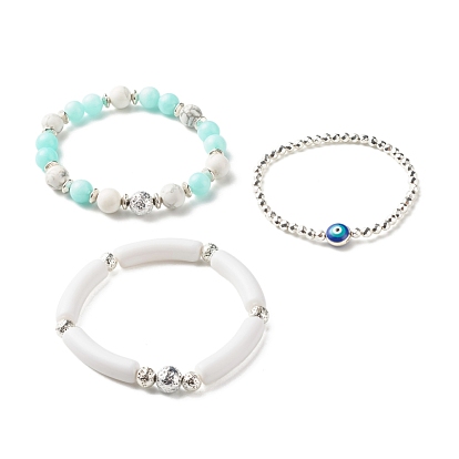 Natural Malaysia Jade(Dyed) & Howlite & Lava Rock & Synthetic Hematite Beads Energy Power Stretch Bracelets Set for Girl Women, Evil Eye Alloy Enamel Bracelets, Tube & Round Beads Bracelets