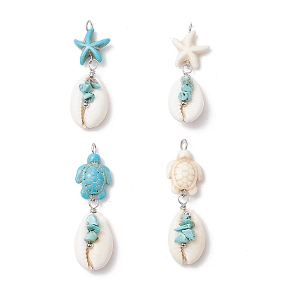 4 шт. 4 стили подвески из натуральной ракушки каури и морской звезды, окрашенные в синтетический бирюзовый цвет, с медными ювелирными проволочными петлями, белый и бирюзовый