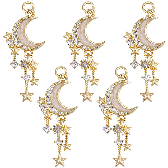 5 colgantes de circonita cúbica transparentes micro pavé de latón, encantos de la luna, con esmalte y anillo de salto