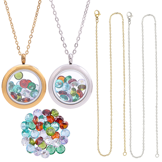 DIY Pendant Necklaces, Including 2Pcs 2 Styles 304 Stainless Steel Flat Round Locket Pendants & 2Pcs 2 Styles Cable Chains and 32Pcs 8 Colors Cubic Zirconia Cabochons, Mixed Color