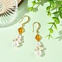 Alloy & Resin & Acrylic Pearl Dangle Earrings, Natural Amber & Brass Dangle Earrings for Women, Rhombus & Flower