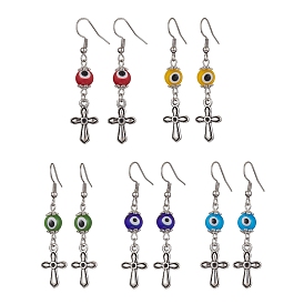 Alloy Cross Dangle Earrings with 304 Stainless Steel Pins, Lampwork Evil Eye Long Drop Earrrings