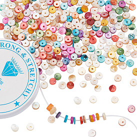 2 Strands 2 Style Natural Freshwater Shell Beads Strands, Heishi Beads, Flat Round/Disc and 1 Roll Clear Elastic Crystal Thread