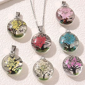 Dried Flower Glass Pendants, Flat Round