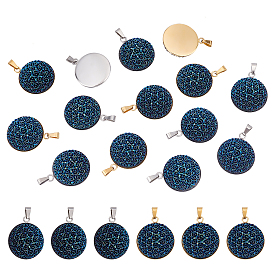 Unicraftale 20Pcs 2 Colors 304 Stainless Steel Pendants, Large Hole Pendants, with Resin, Flat Round with Flower, Prussian Blue