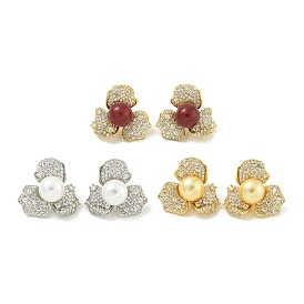 Rack Plating Brass Micro Pave Clear Cubic Zirconia Stud Earrings, with Shell Pearl, Flower