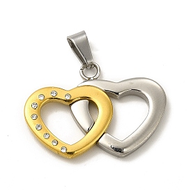 Crystal Rhinestone Double Heart Pendants, with Vacuum Plating 304 Stainless Steel Finding