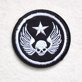 Computerized Embroidery Cloth Iron on/Sew on Patches, Costume Accessories, Appliques, Flat Round with Skull & Wings & Star