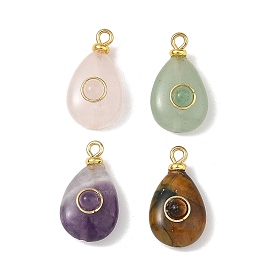 Natural Mixed Gemstone Pendants, Teardrop Charms with 304 Stainless Steel Loops, Golden, Mixed Dyed and Undyed