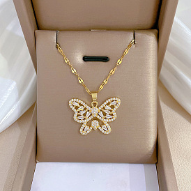 Elegant Zircon Lock Collar Necklace - Delicate, Vintage, Titanium Steel, Butterfly Pendant.