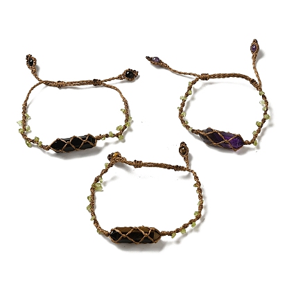 Natural Gemstone Bullet Braided Bead Bracelets, Nylon Macrame Pouch Adjustable Bracelets with Peridot Chips for Women Men