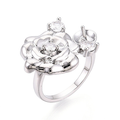 Оправы для колец-манжет из цветочной латуни с микропаве из прозрачного кубического циркония, за половину пробурено бисера