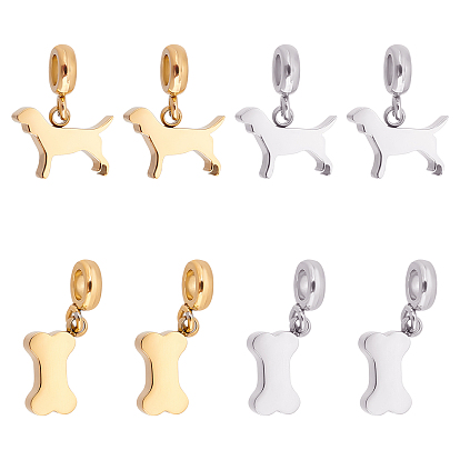 8Pcs 4 Style 304 Stainless Steel Charms, Manual Polishing, Bone & Dog
